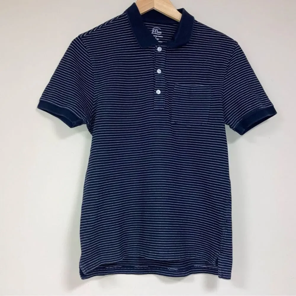 J CREW Polo Shirt Mens Small Knit Goods Stretch Pique Blue Stripes Nautical Golf